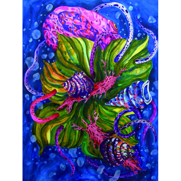 Obraz „Funkie, ślimaki i ośmiornica” (2022) | Karolina Sosnowska – technika mieszana, 56×68 cm, unikat Obraz „Funkie, ślimaki i ośmiornica” (2022) | Karolina Sosnowska – technika mieszana, 56×68 cm, unikat