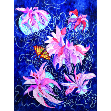 Grafika „Magnolie, meduzy i motyl” (2022) | Karolina Sosnowska – technika mieszana, 56×68 cm, unikat