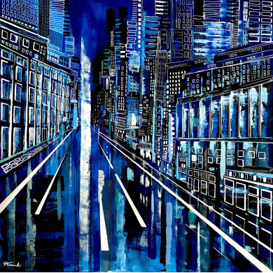“Blues” (2021) | Paulina Taranek – oil on canvas, 120×120 cm, Cityscapes