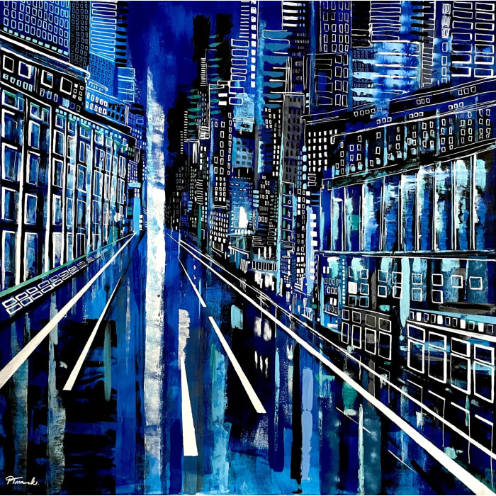 Gemälde „Blues“ (2021) | Paulina Taranek – Öl auf Leinwand, 120×120 cm, Cityscapes