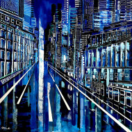 Gemälde „Blues“ (2021) | Paulina Taranek – Öl auf Leinwand, 120×120 cm, Cityscapes