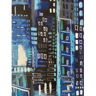 “Blues” (2021) | Paulina Taranek – oil on canvas, 120×120 cm, Cityscapes