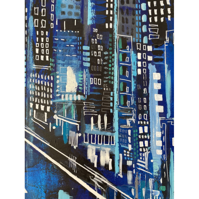 Gemälde „Blues“ (2021) | Paulina Taranek – Öl auf Leinwand, 120×120 cm, Cityscapes