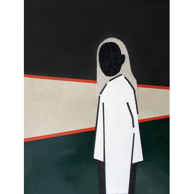 “In between” (2022) | Matylda Burszta – oil & embroidery on linen, 80×60 cm