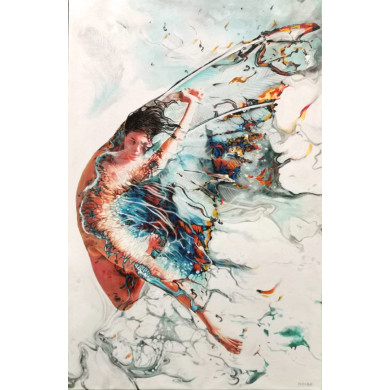 Obraz „Icarus” (2023) | Piotr Piecko – akryl, złocenia, 115×75 cm