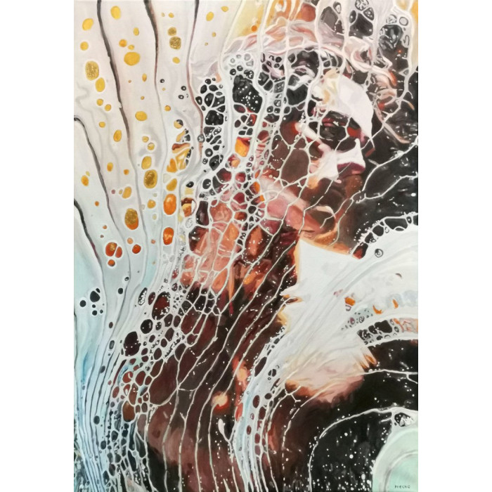 Obraz „Apollo” (2023) | Piotr Piecko – mixed media: akryl, płatki złota, 100×70 cm, Mity i legendy