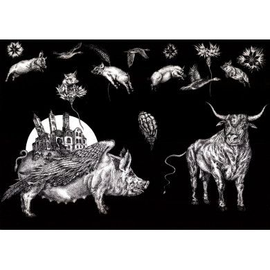 Grafika „Chabrowy Księżyc Pól Mrozowych” (2011) | Przemysław Tyszkiewicz – akwaforta i akwatinta, 94×67 cm