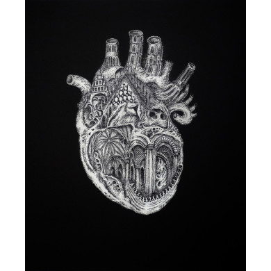 “Heart of Wrocław” (2016) | Przemysław Tyszkiewicz – etching & aquatint, 49×60 cm