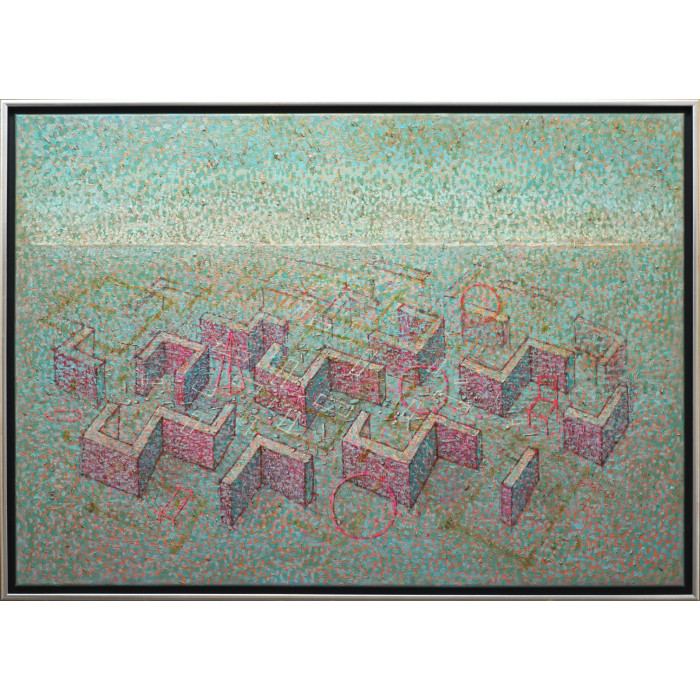 Tableau « HG01 » (2023) | Grzegorz Klimek – abstraction géométrique en rose et turquoise Tableau « HG01 » (2023) | Grzegorz Klimek – abstraction géométrique en rose et turquoise