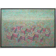 Tableau « HG01 » (2023) | Grzegorz Klimek – abstraction géométrique en rose et turquoise Tableau « HG01 » (2023) | Grzegorz Klimek – abstraction géométrique en rose et turquoise