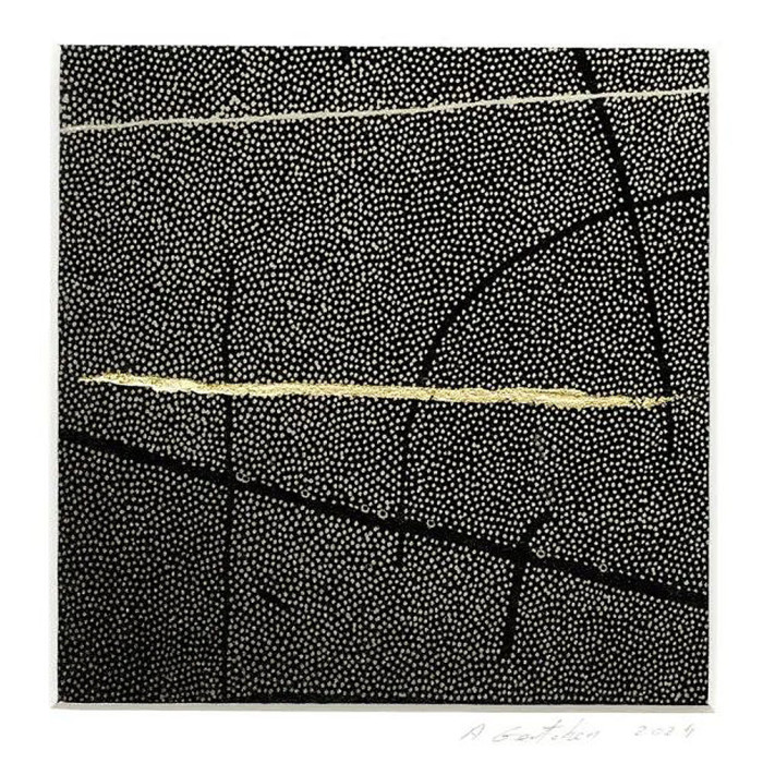 Kunstgrafik „Okruchy_47” – Linolschnitt auf Zerkall-Papier mit Vergoldung Kunstgrafik „Okruchy_47” – Linolschnitt auf Zerkall-Papier mit Vergoldung