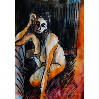 Zeichnung „Frau in Orange“ (2023) | Anna Rendecka – Mischtechnik auf Papier, expressives Porträt Zeichnung „Frau in Orange“ (2023) | Anna Rendecka – Mischtechnik auf Papier, expressives Porträt