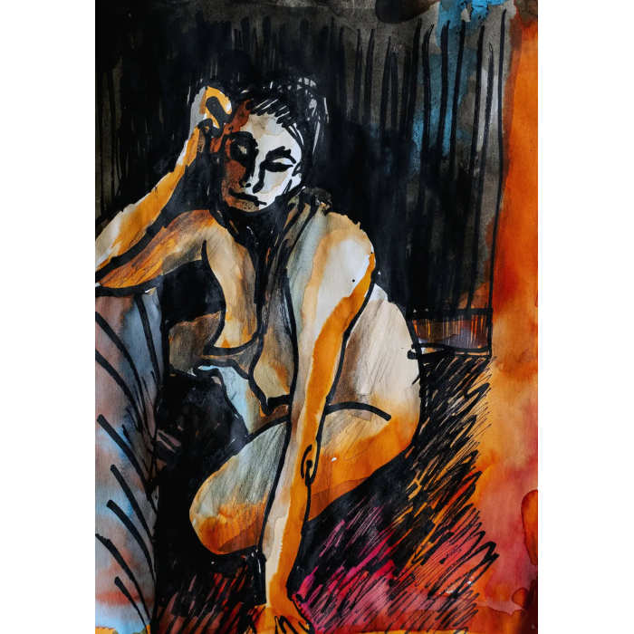 Dessin « Femme en orange » (2023) | Anna Rendecka – technique mixte sur papier, portrait expressif Dessin « Femme en orange » (2023) | Anna Rendecka – technique mixte sur papier, portrait expressif