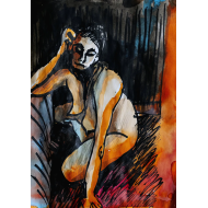 Drawing “Woman in Orange” (2023) | Anna Rendecka – mixed media on paper, expressive portrait Drawing “Woman in Orange” (2023) | Anna Rendecka – mixed media on paper, expressive portrait