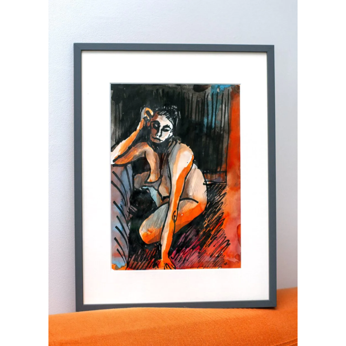 Dessin « Femme en orange » (2023) | Anna Rendecka – technique mixte sur papier, portrait expressif Dessin « Femme en orange » (2023) | Anna Rendecka – technique mixte sur papier, portrait expressif