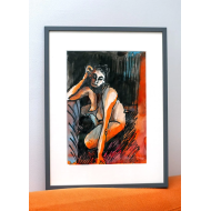 Drawing “Woman in Orange” (2023) | Anna Rendecka – mixed media on paper, expressive portrait Drawing “Woman in Orange” (2023) | Anna Rendecka – mixed media on paper, expressive portrait