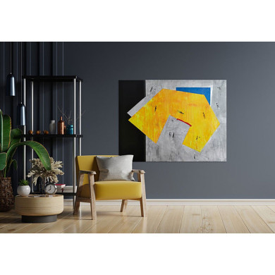 Peinture « Champ jaune avec bâtiment rouge » (2022) | Dorota Kiermasz – abstraction géométrique sur la condition humaine Peinture « Champ jaune avec bâtiment rouge » (2022) | Dorota Kiermasz – abstraction géométrique sur la condition humaine