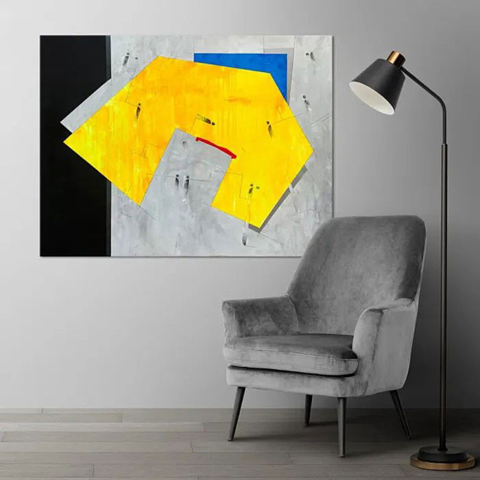 Painting “Yellow Field with Red Building” (2022) | Dorota Kiermasz – geometric abstraction on human presence and structure Painting “Yellow Field with Red Building” (2022) | Dorota Kiermasz – geometric abstraction on human presence and structure