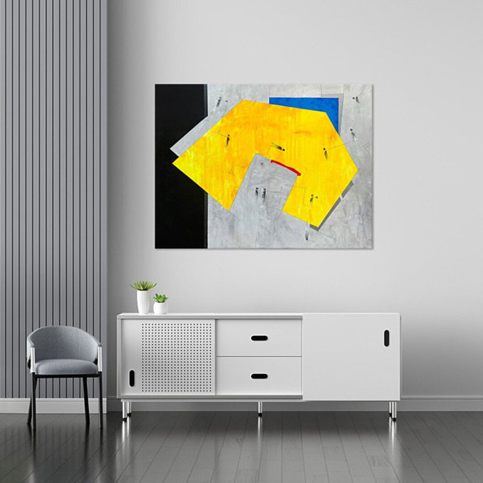 Peinture « Champ jaune avec bâtiment rouge » (2022) | Dorota Kiermasz – abstraction géométrique sur la condition humaine Peinture « Champ jaune avec bâtiment rouge » (2022) | Dorota Kiermasz – abstraction géométrique sur la condition humaine