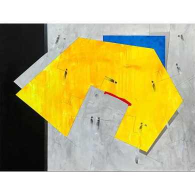 Peinture « Champ jaune avec bâtiment rouge » (2022) | Dorota Kiermasz – abstraction géométrique sur la condition humaine Peinture « Champ jaune avec bâtiment rouge » (2022) | Dorota Kiermasz – abstraction géométrique sur la condition humaine