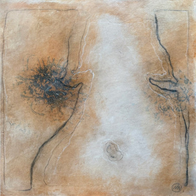 Acrylic and oil on canvas by Malina Wieczorek – delicate female torso, 50x50 cm