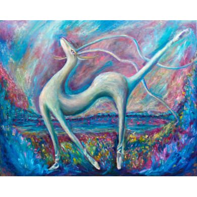 Tableau Music of the Flamingo – peinture à l’huile surréaliste et expressionniste avec cerf et flamants roses
