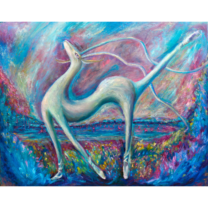 Painting Music of the Flamingo by Vitali Shoupikov – surreal and expressionist oil painting with a deer and flamingos