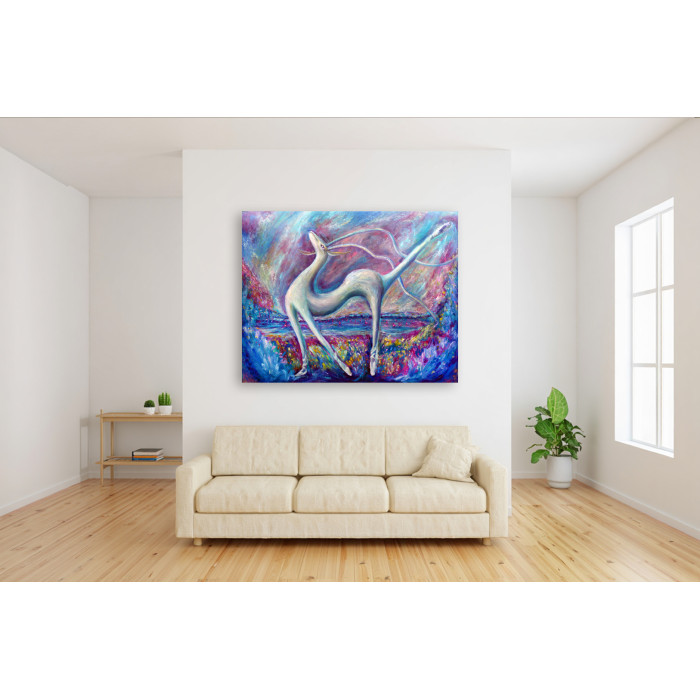 Tableau Music of the Flamingo – peinture à l’huile surréaliste et expressionniste avec cerf et flamants roses