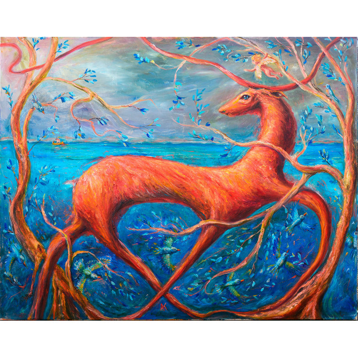 Witaj, mój aniele by Vitali Shoupikov – oil painting with a deer and an angel,