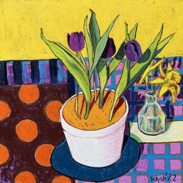 Obraz Fioletowe tulipany, 2022 Fioletowe Tulipany 60x60cm Olej Na Plotnie schab,david schab,malarstwo,olej,malarstwo olejne,Gauguin,David Hockney,Józef Czapski,Matisse,koloryzm,fowizm,czapski,Hockney elegancki obraz do salonu