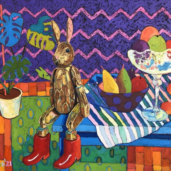 Obraz Martwa natura z drewnianym zającem, 2021 Martwa Natura Z Drewnianym Zajacem 70x80cm Olej Na Plotnie schab,david schab,malarstwo,olej,płótno,obraz na płótnie,malarstwo olejne elegancki obraz do salonu