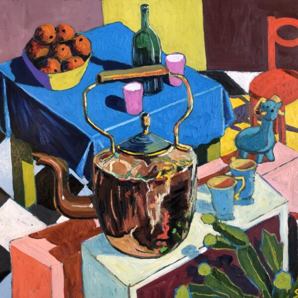 Obraz Martwa natura z miedzianym czajniczkiem, 2021 Martwa Natura Z Miedzianym Czajniczkiem 60x80cm Olej Na Plotnie Matisse,fowizm,koloryzm,Gauguin,Czapski,Hockney,malarstwo olejne,schab